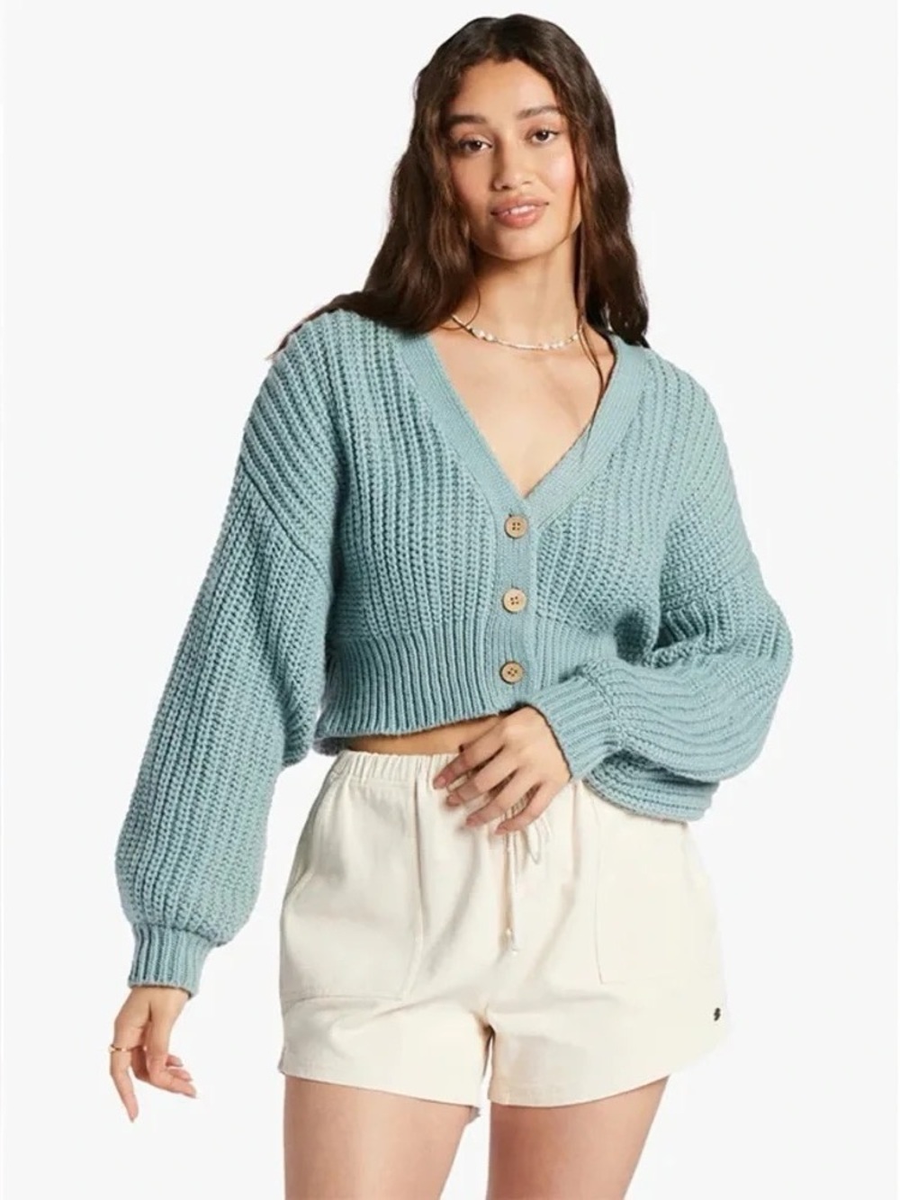 Roxy Sundaze Button-Up Cropped Cardigan Blue Chunky Knit Women Size L